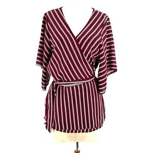 Lilian Peplum True Wrap Blouse Women's 2X Burgundy‎ Stripe Flare Sleeve Office